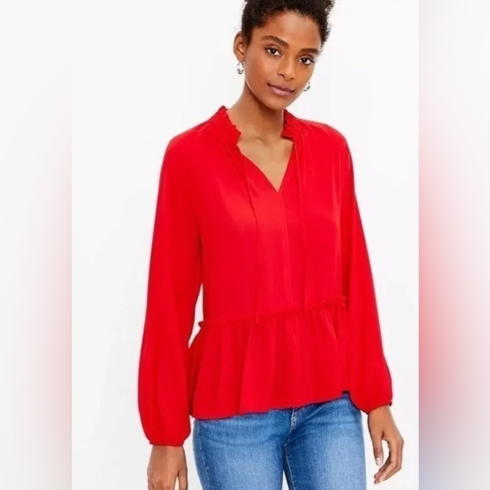 Loft red long sleeve neck tie peplum blouse size large